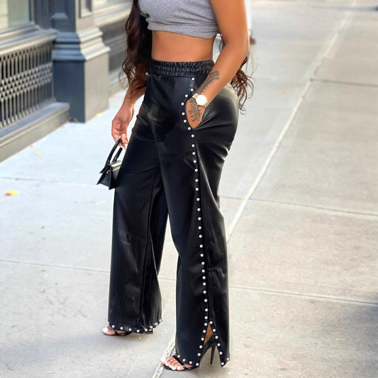 Solid Color Rhinestone Pocket Casual Loose Wide Leg Pants PU Leather Pants