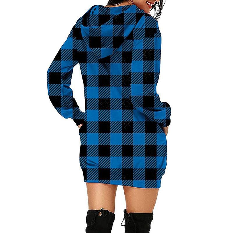 Printed Plaid Mid Length Hooded Long Sleeve Sweatshirt Women's