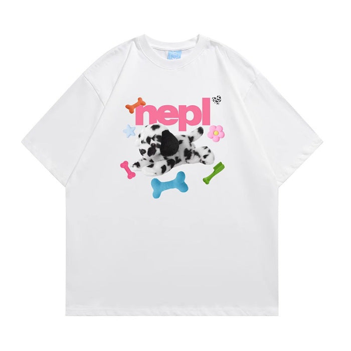 Trend Cartoon Vintage Spotted Dog Printed Short-sleeved T-shirt