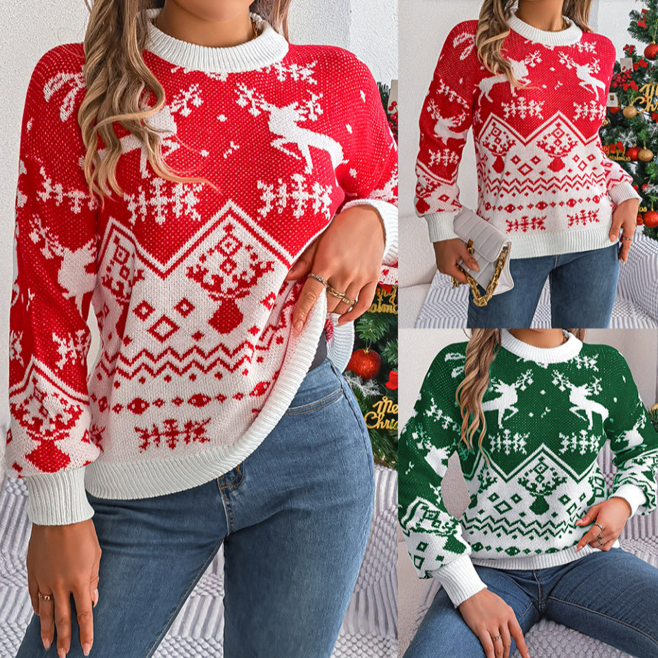 Nytår Efterår Vinter Casual Trøje med Høj Krave med Lange Ærmer, Hjortemønster, Jul, Til Kvinder, Rød Grøn Strikket Pullover Jumper