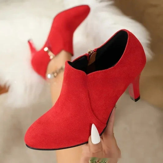 Round Toe Side Zipper Stiletto Heel Deep Mouth Pumps