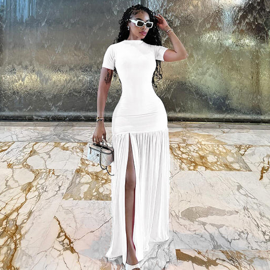 Solid-color Womens Elegant Round-neck Dress
