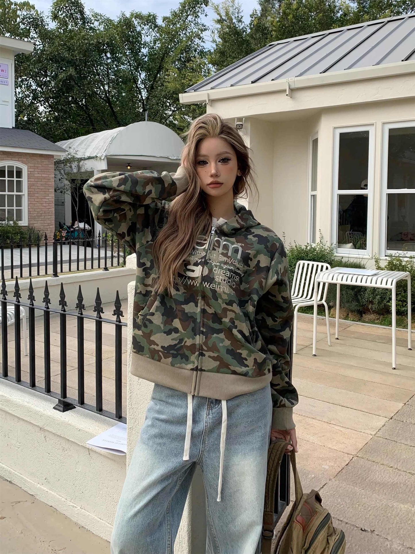 Women's Cardigan Retro Alphabet Camouflage Hooded Short Sweater Jacket