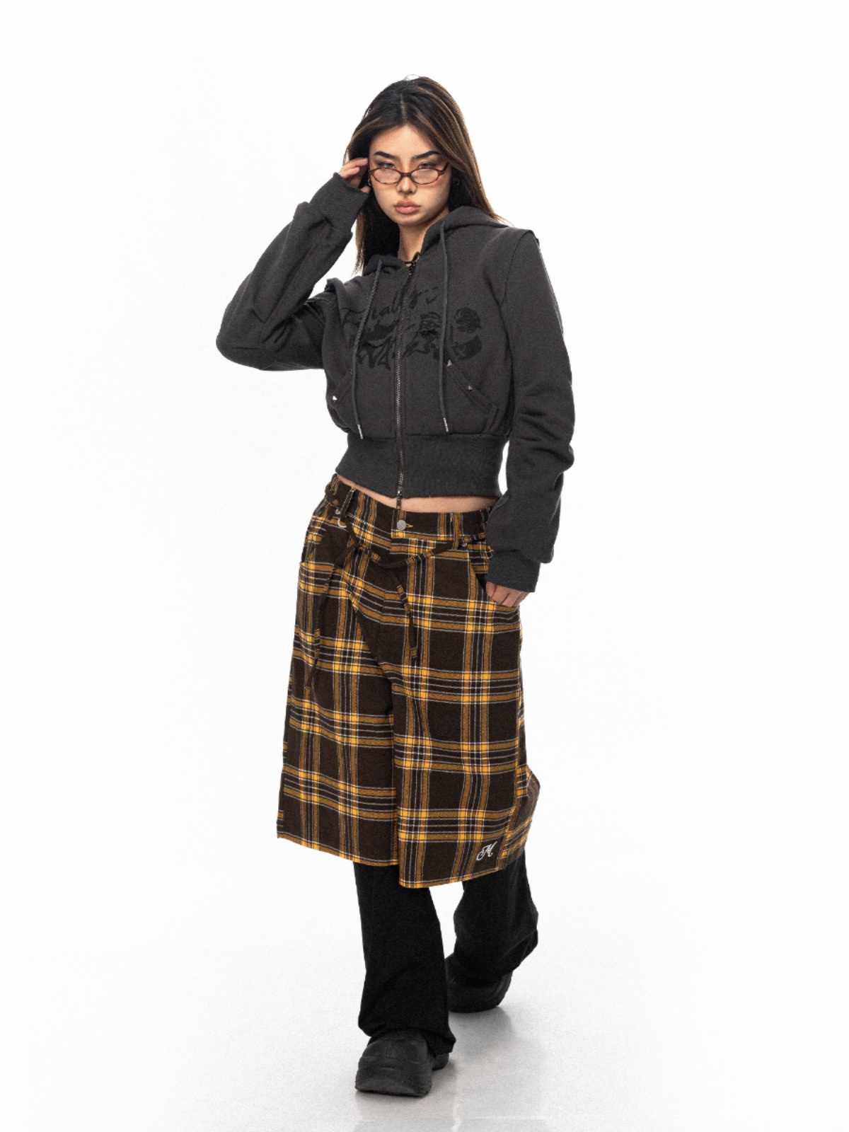 Retro Plaid Pants Women's Loose Casual Straight-leg Wide Leg Shorts