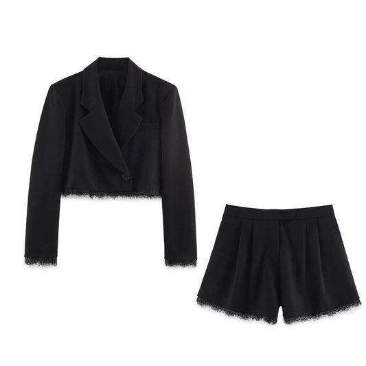 Women's Fashionable Casual Lace-trimmed Blazer And Shorts
