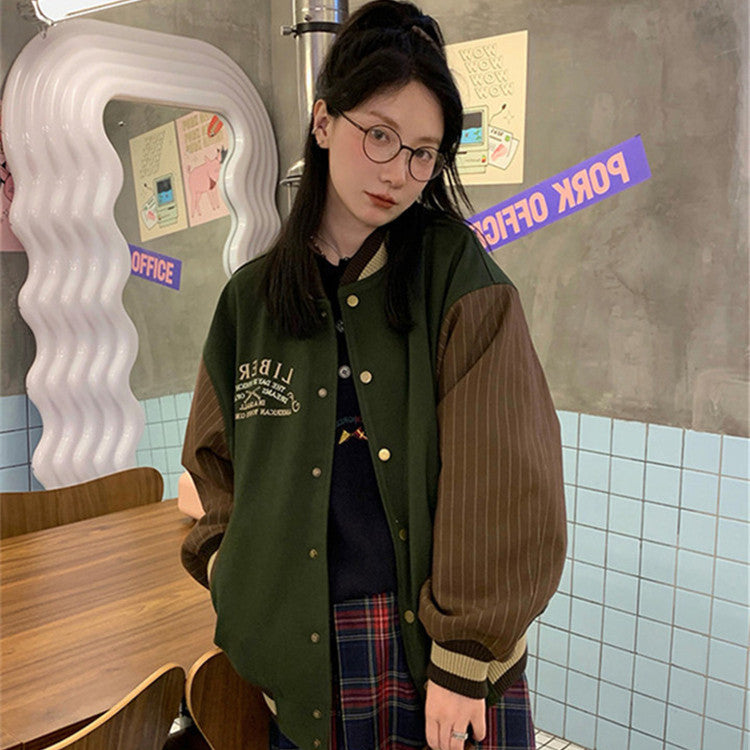 Thickened Quilted Women's All-match Green Retro Baseball Uniform