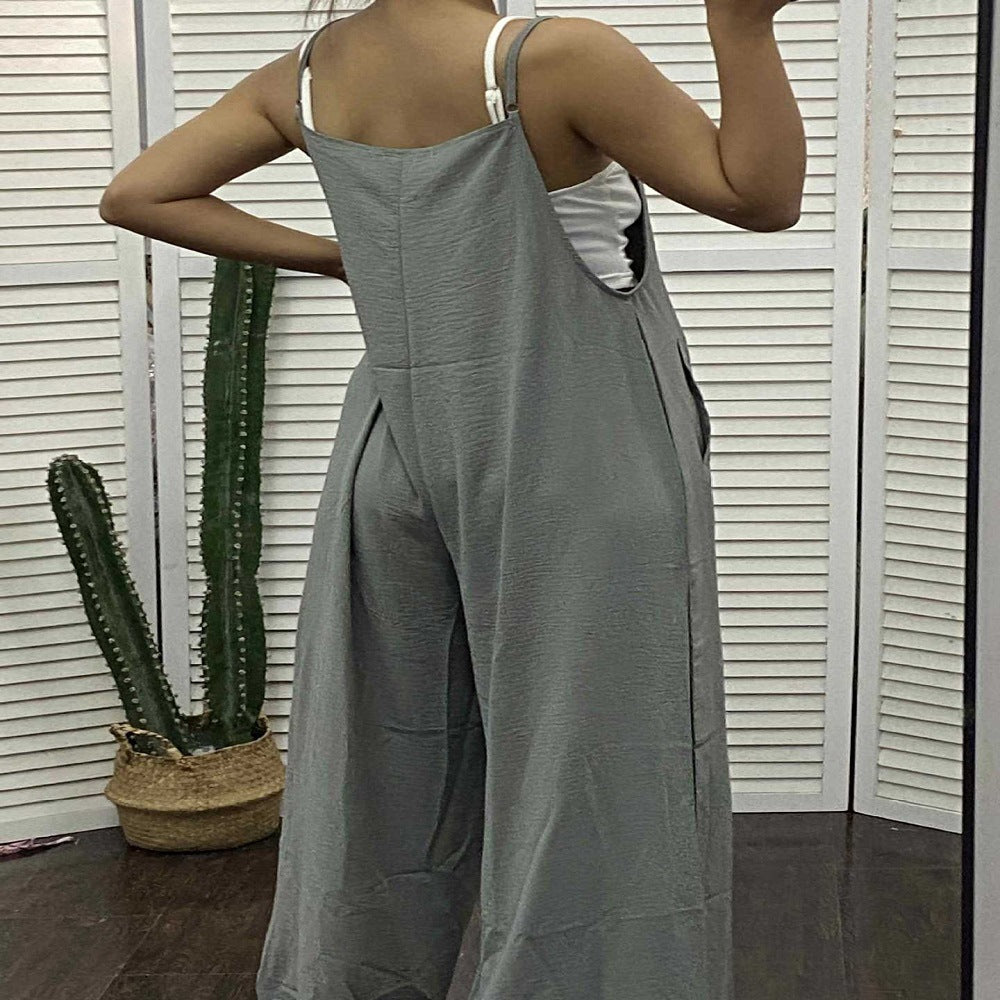 Ærmeløs Jumpsuit Til Kvinder Med Lommer Og Justerbar Skulderrem Moderigtig Løs Bred Ben Lige Overalls Sommer Strandbukser