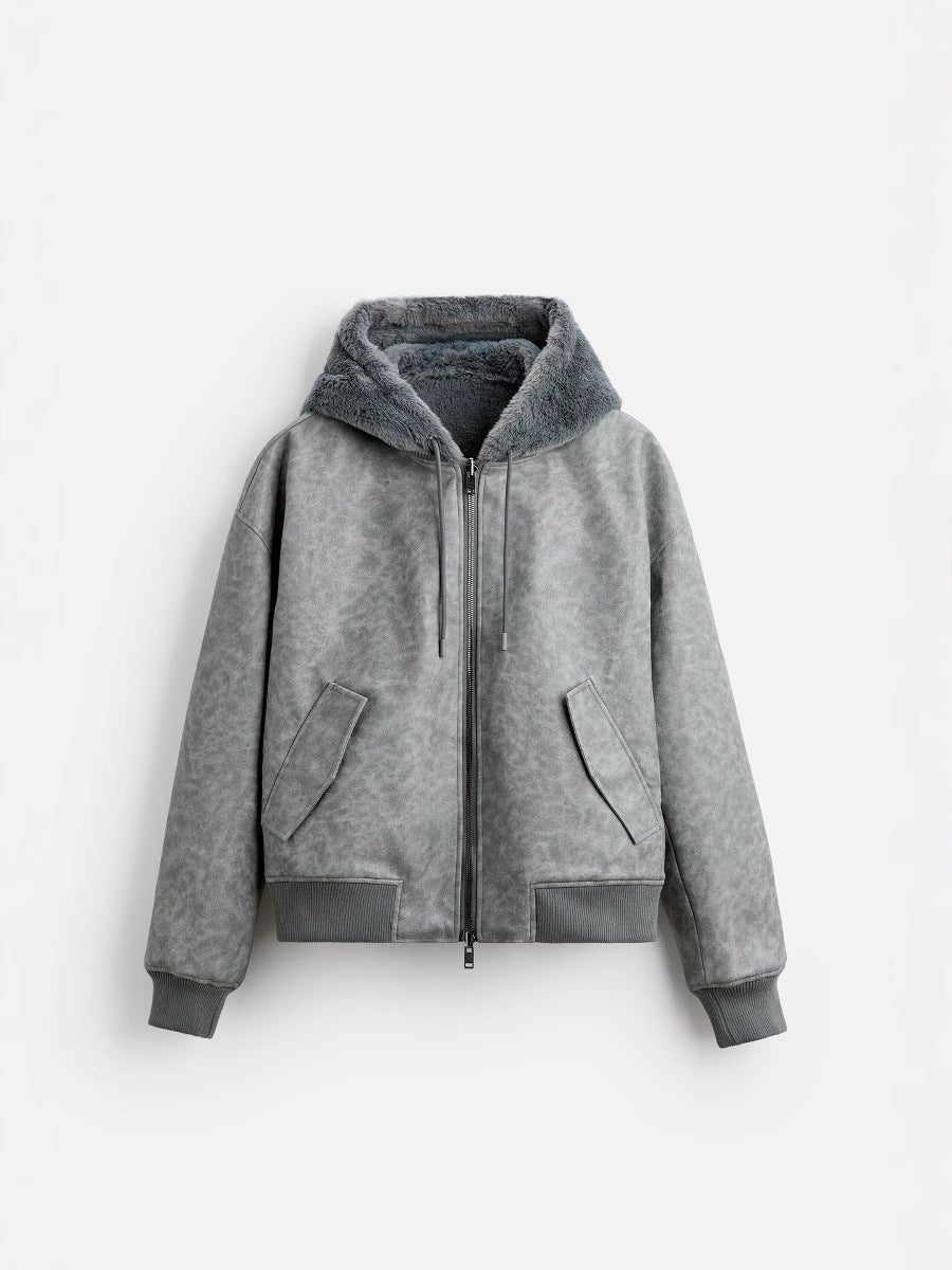 Men's Double-sided Faux Leather Hooded Bomber Jacket