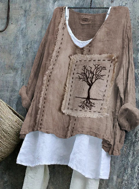 Tree Frayed Fiber Art Linen Blend Long-sleeve Top