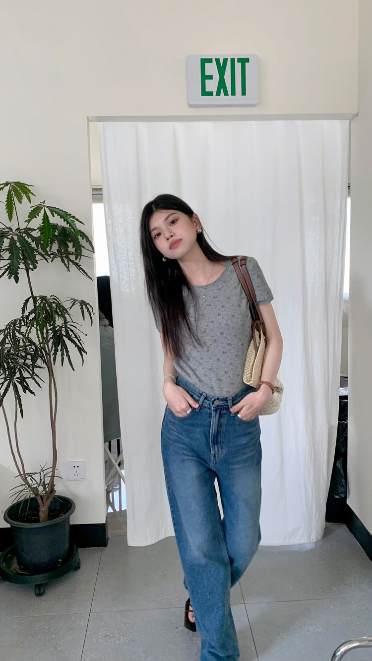 Floral Lace-collared Blouse Loose Round Neck Slim-fit Short Sleeve