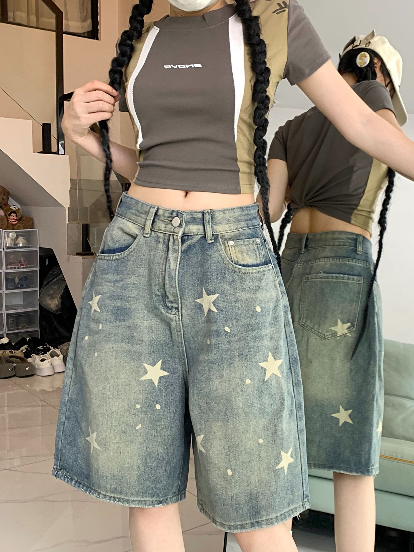 Retro Washed Distressed XINGX Denim Five-point Shorts Til Kvinder
