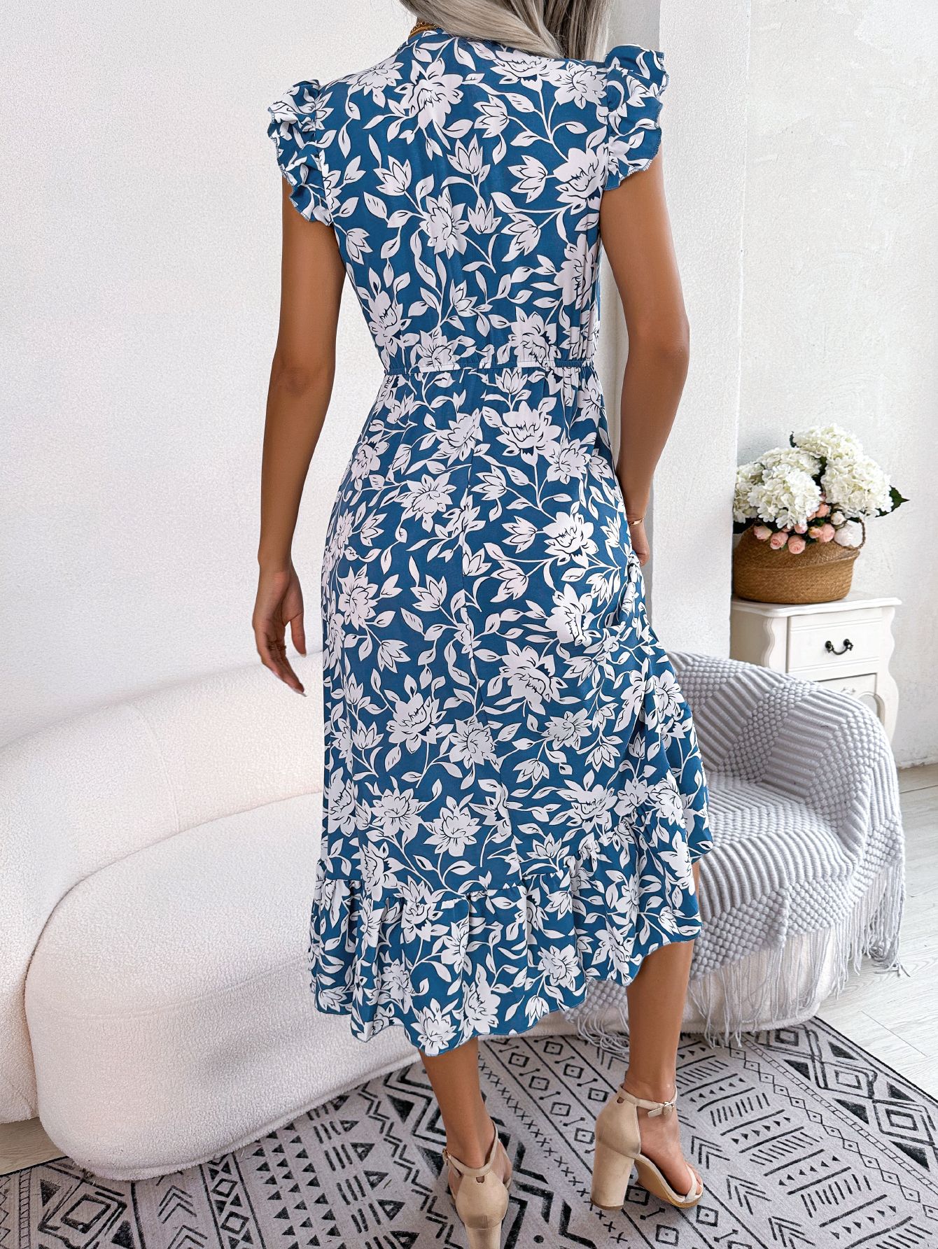Women Casual Ruffle Trim Floral Print Tie Waist Maxi Vacation Dress