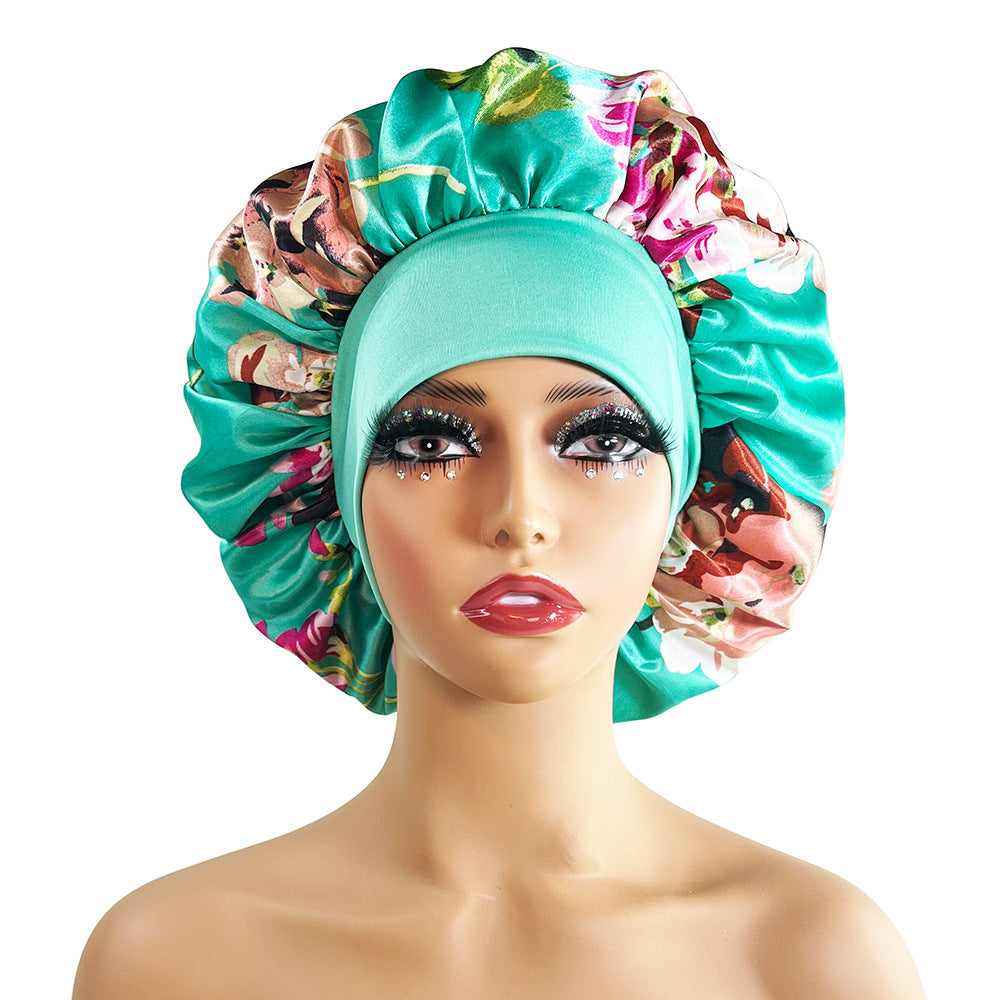 Wide-brimmed Satin Nightcap Printed Round Cap Cross-border New Arrival Printed Home Hat Soft Shower Cap Plus-sized