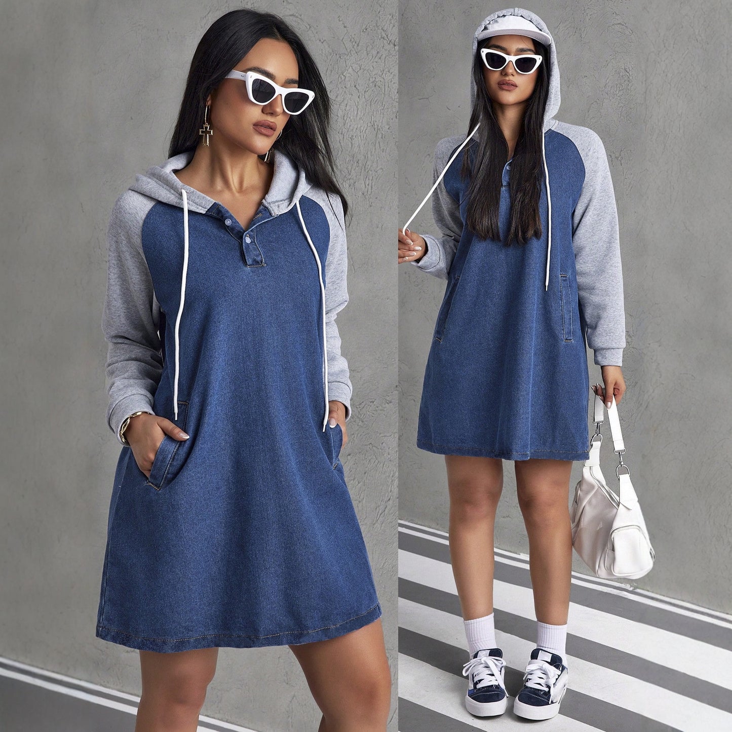 Womens Casual Patchwork Drawstring Hooded Denim Dress