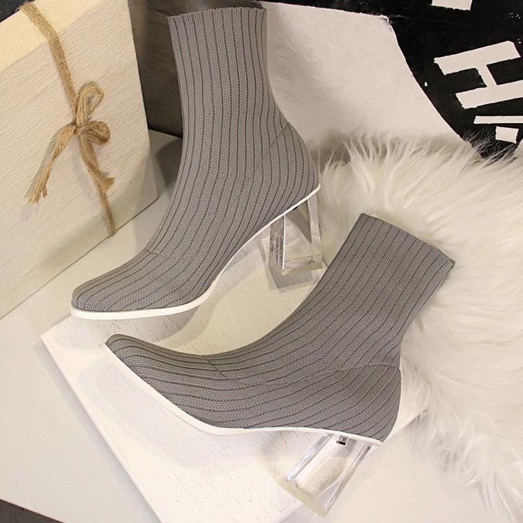 Transparent Heel With Crystal Heel Wool Booties