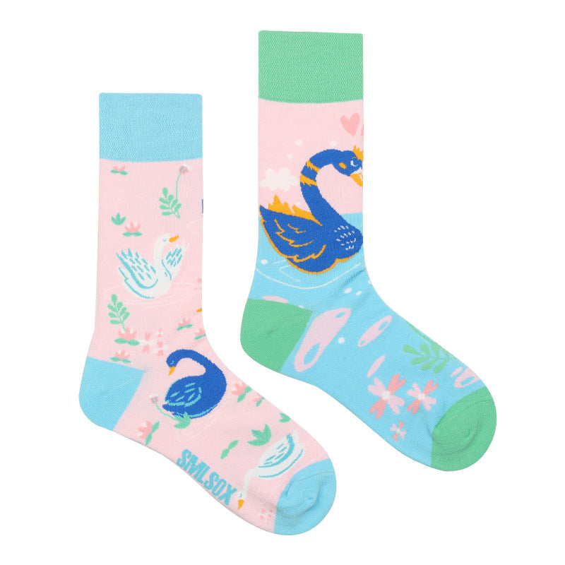 Asymmetrical Color Retro Personality Male And Female Couple Mid-length Cotton Socks
