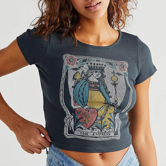 Women's Retro Trendy Poker Print Short T-shirt