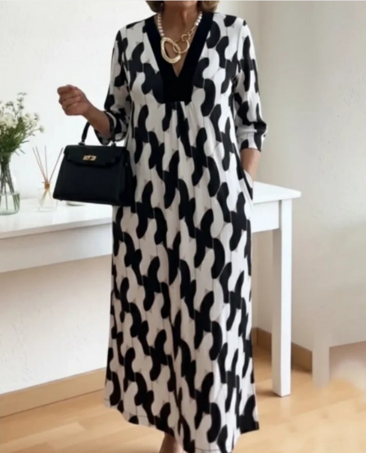 Womens V-neck Printed Dress Loose Fit For Comfort And Ease