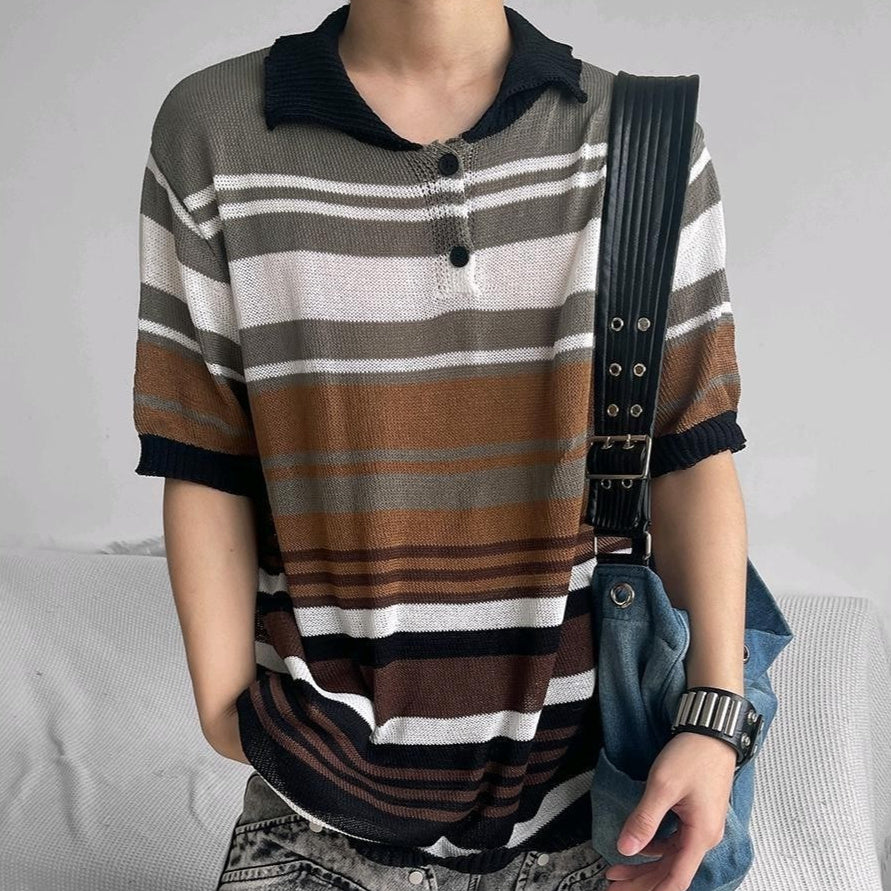 Men's Japanese Loose Striped Lapel Knitted Polo Shirt