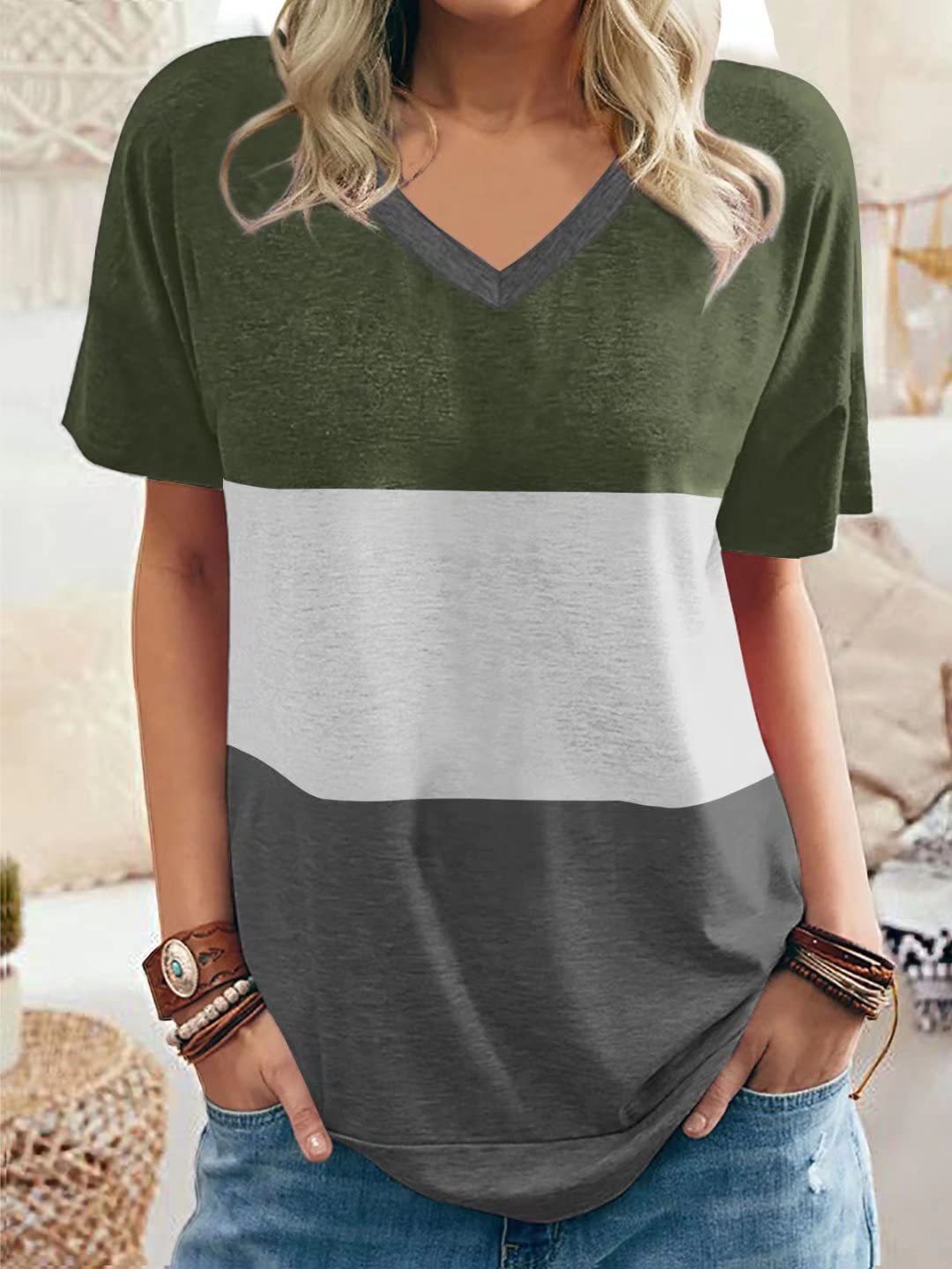 Women's Color Matching V-neck Casual Loose Short Sleeves