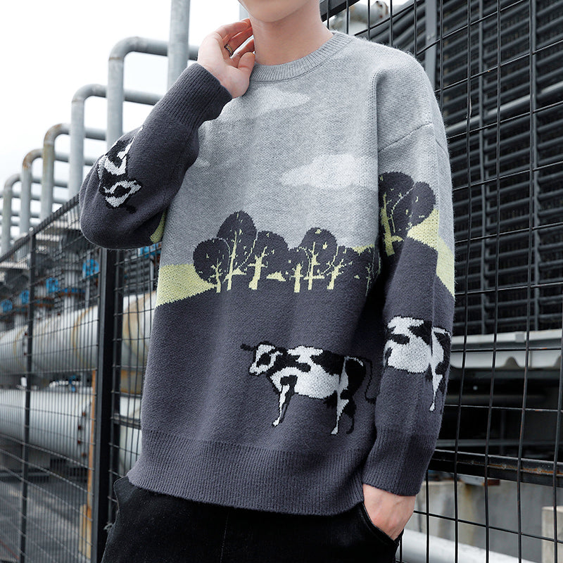 Men's Fleece Thickened Round Neck Warm Loose Knitted Sweater