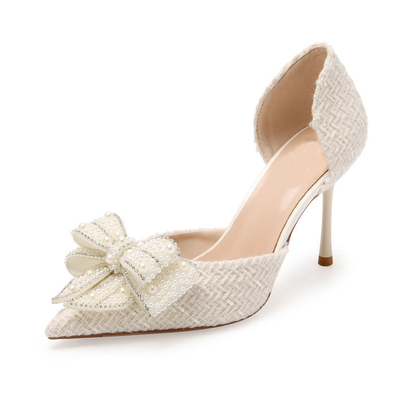 Åndbar Side Tom Sløjfe Niche Med Skørt Rhinestone Hule Pumps