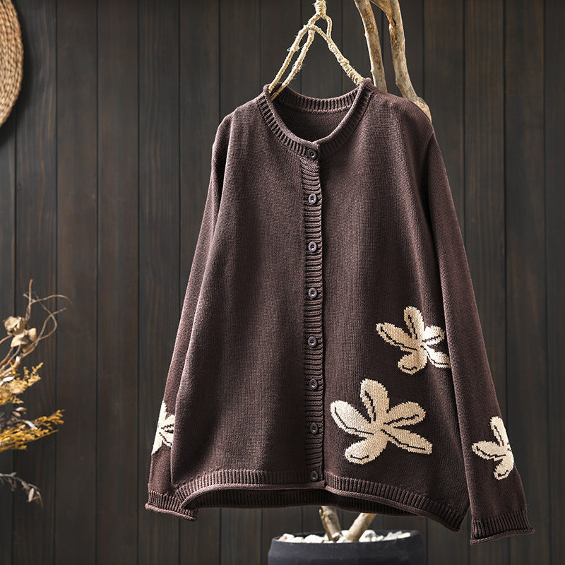Women's Loose Retro Flower Contrasting Cotton Knit Cardigan