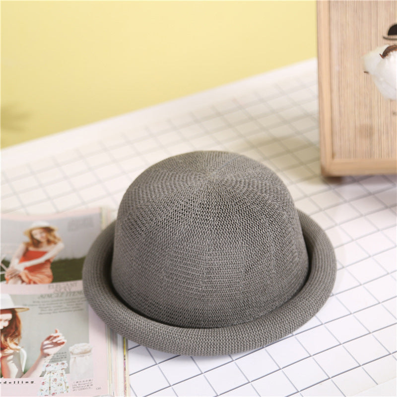 Women's Straw Yarn Curled Brim Round Crown Top Hat Leisure Basin Hat