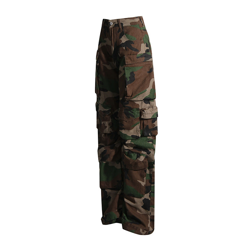Women's Side Multi-pocket Decorative Design Camouflage Cool Handsome Loose Street Jeans