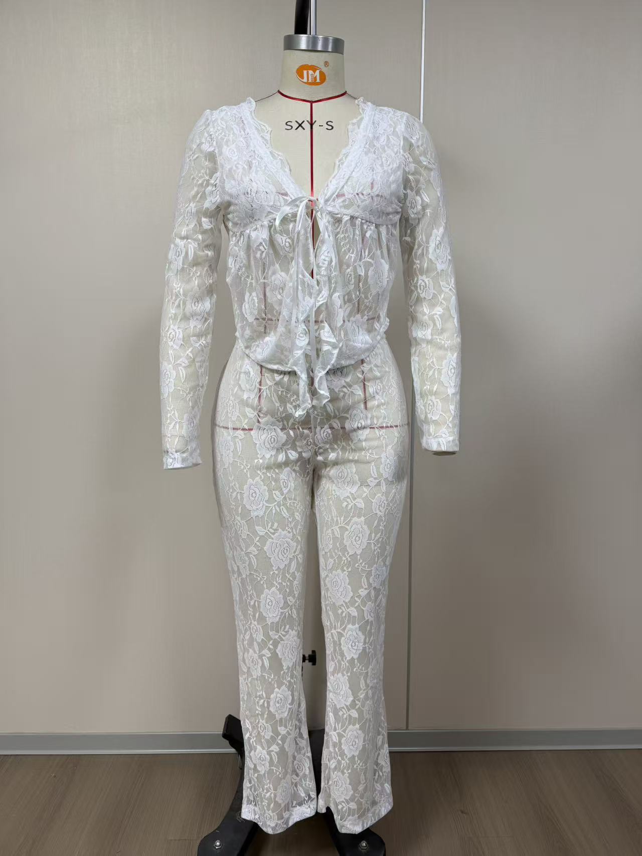 Lace Top With Long Sleeves And Lace Pants Two-piece Set