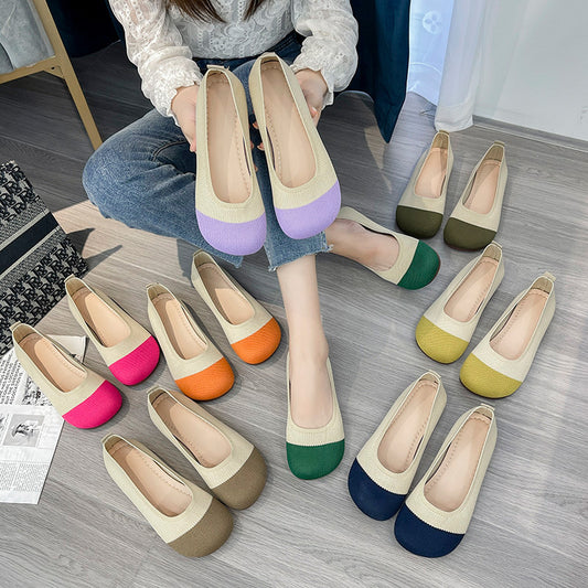 Shallow Mouth Round Toe Knit Flat Knitted Breathable Grandma Shoes