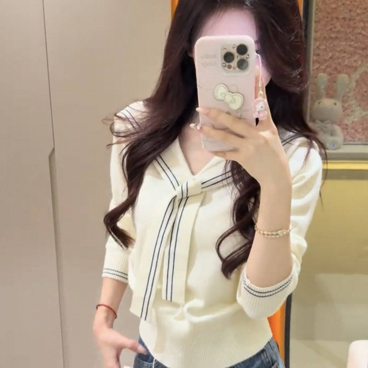 Sailor Collar Lace-up Striped Knitted Coat Women's Sweater