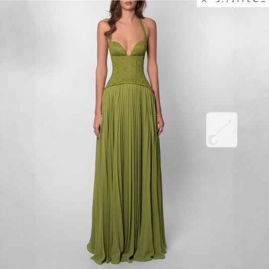 Womens Fashion Backless Halter-neck Low-cut Plunging Pleated Dress