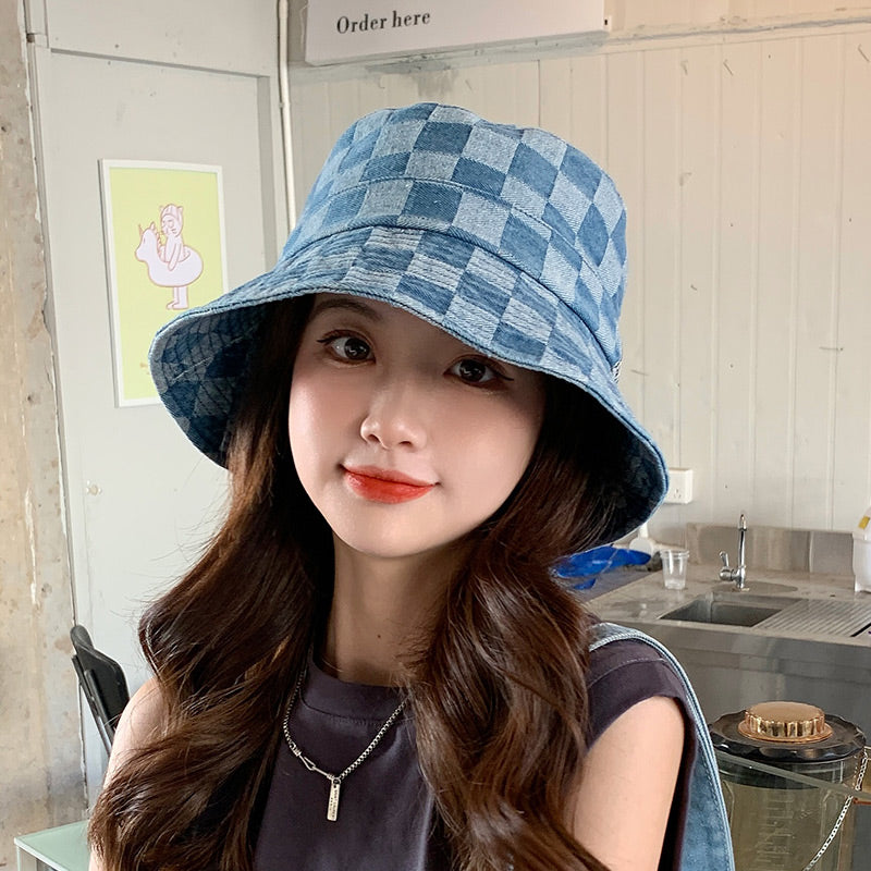 Dame plaid solskærm denim fiskerhat