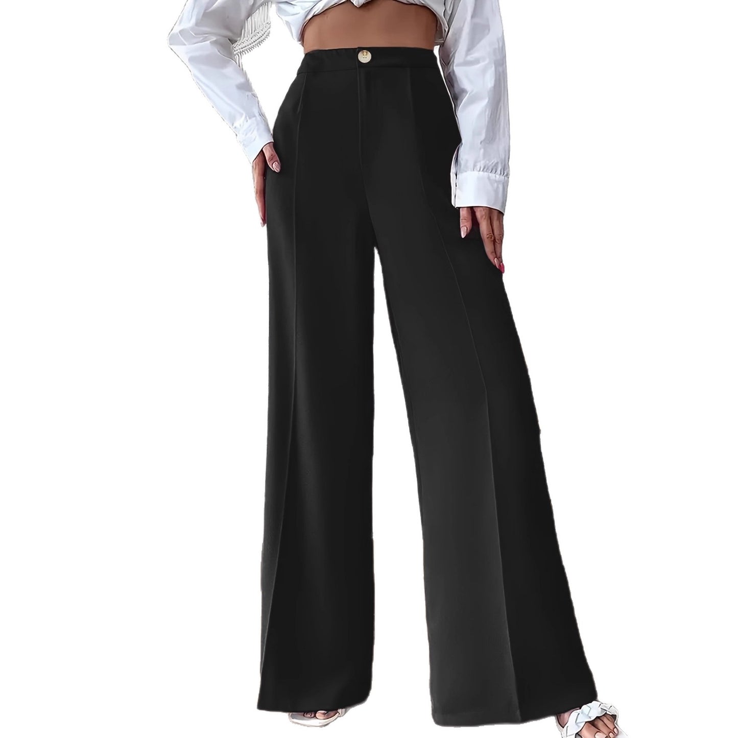 Elegant Buttoned-up Loose-fitting Straight-leg Suit Pants