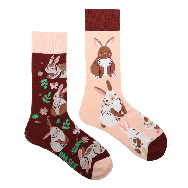 Asymmetrical Color Retro Personality Male And Female Couple Mid-length Cotton Socks