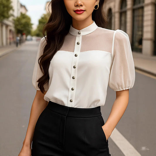 Elegant Solid-Color Lapel Women's Versatile Shirt