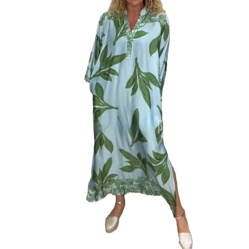 European And American Women's Clothing Spring And Autumn Sexy V-neck Plant Print Long Sleeve Dress