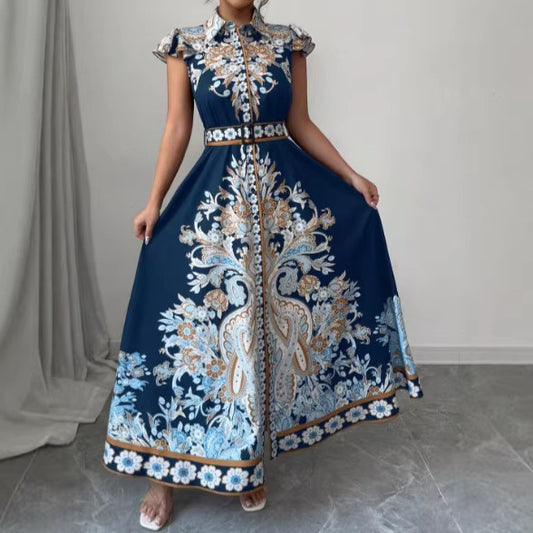 Fitted-waist Notched-collar Long Dress With Cap Sleeves