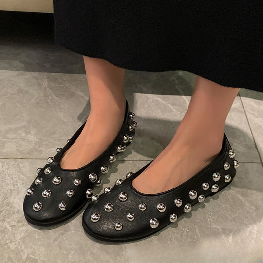 Black Studded Leather Ballet-style Flat Casual Shoes