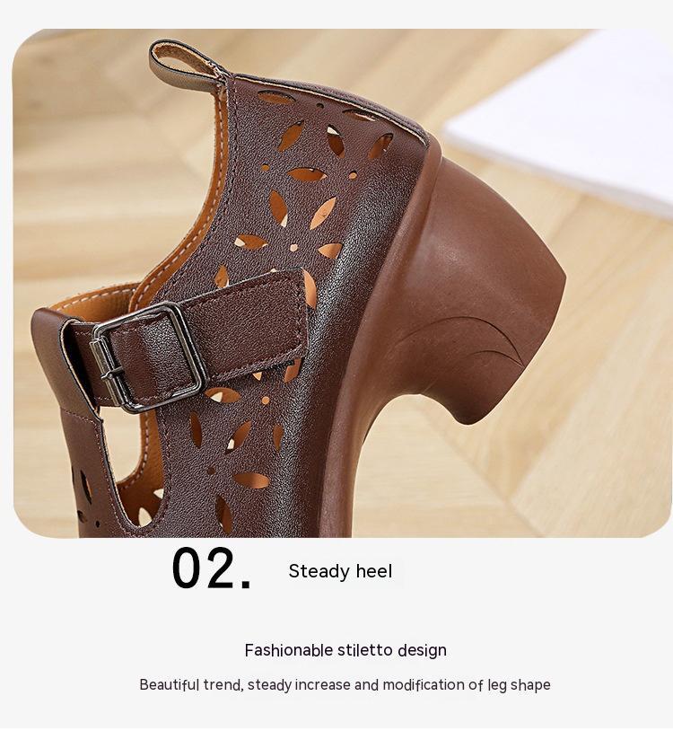 High Heel Retro Hollow Sandals Spring And Summer New Round Toe Buckle Mom Shoes