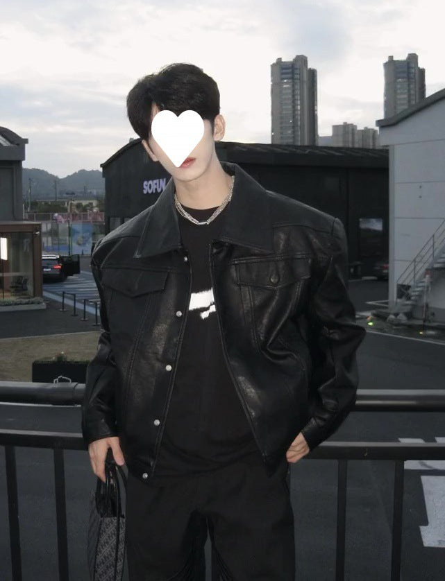 Black Cropped Leather Coat Men's Trendy PU Leather Jacket For Spring And Autumn Padded Shoulder With Large Lapel Motorcycle Clothing