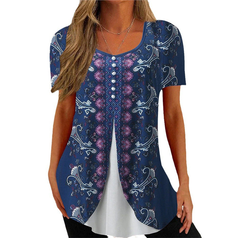 Women's Floral Print Round Neck False Two Pieces Button Short Sleeve T-shirt