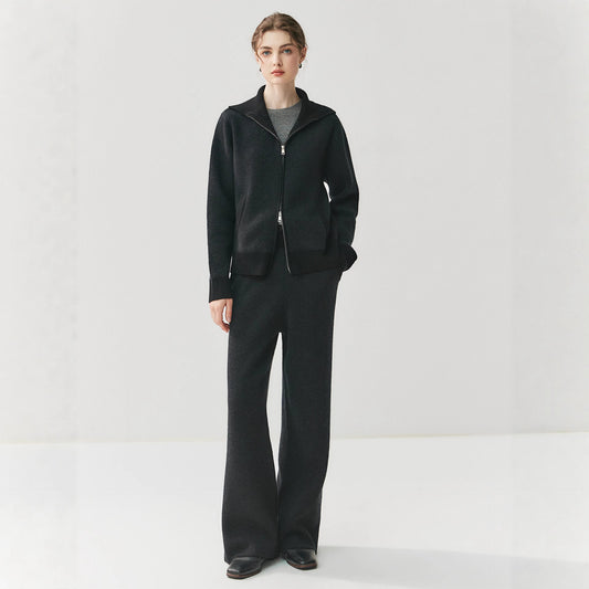 Elegant Zippered Cashmere Cardigan Knit Set