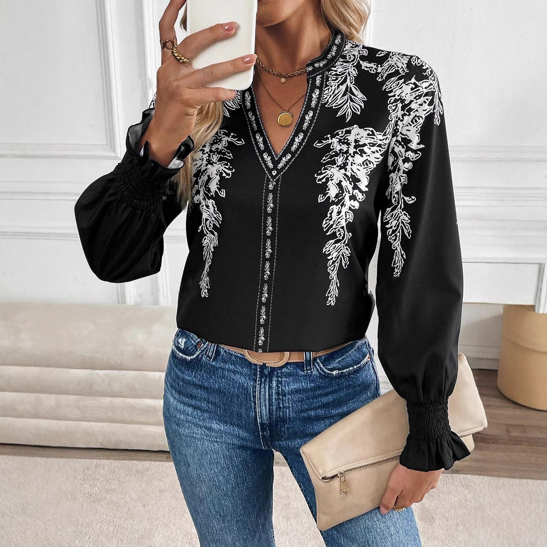 Womens Casual Long-sleeve V-neck Blouse