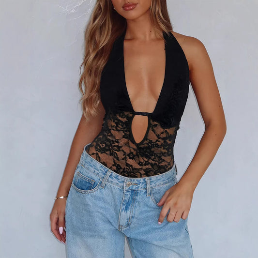 Womens Halter Deep V-Cut Cutout Backless Jumpsuit
