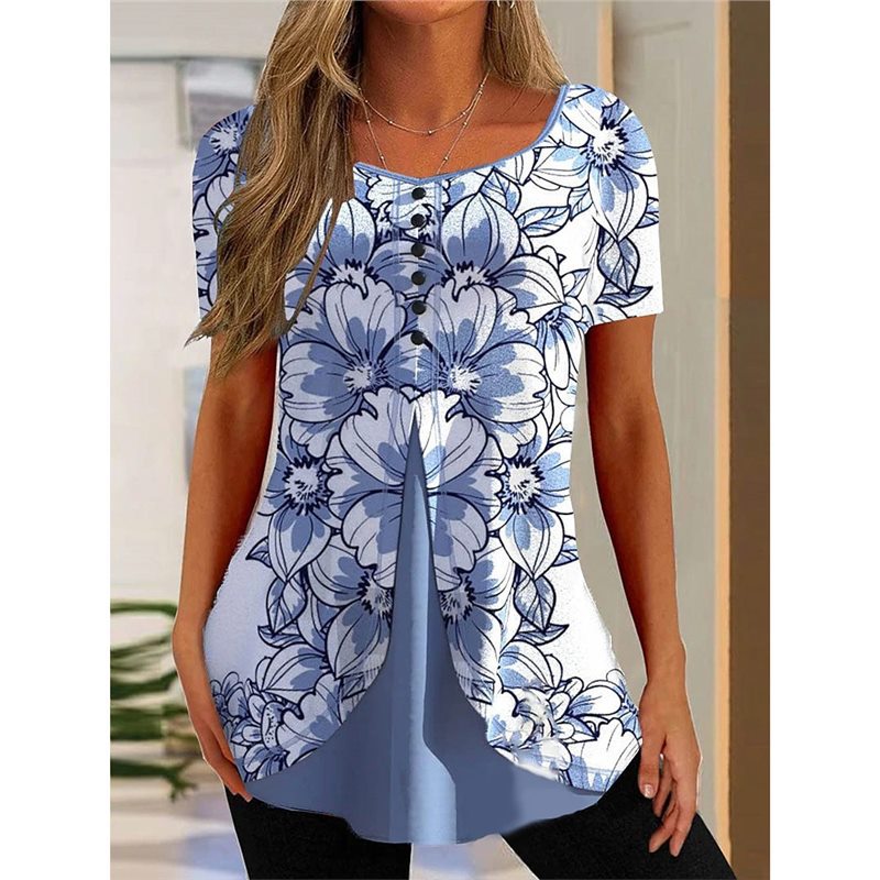Women's Floral Print Round Neck False Two Pieces Button Short Sleeve T-shirt