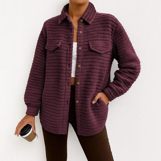 Casual Loose Fashion Striped Long Sleeves Cardigan Lapel Plush Coat