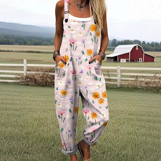 Floral 3D Digital Printing Casual Strap Sleeveless Jumpsuit