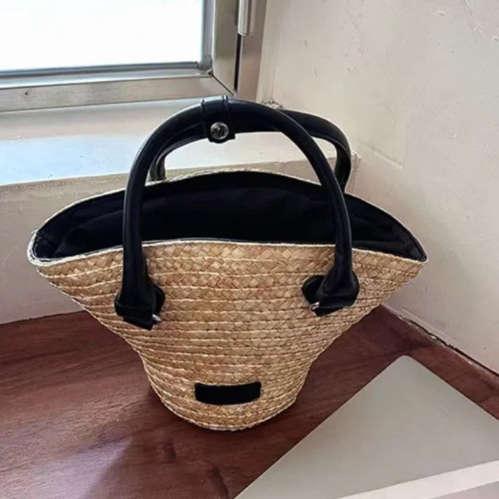 Fashion Straw Contrast Color Bucket Beach Bag